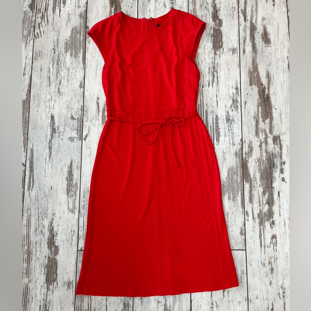 Ann Taylor Red Cap Sleeve Tie-Waist Sheath Dress Petite 2P - Picture 2 of 12